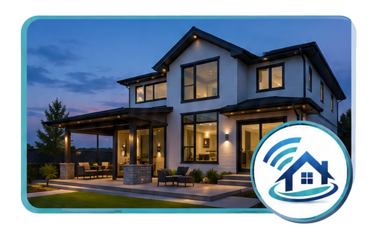 Modern two-story home at dusk with smart exterior and interior lighting